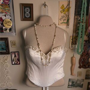 Vintage Beaded Embroidered Corset Women's Medium White Satin Sparkly Bridal